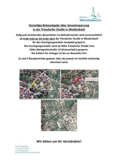 Vorzeitige Bekanntgabe über Gesamtsperrung in der Triesdorfer Straße in Weidenbach